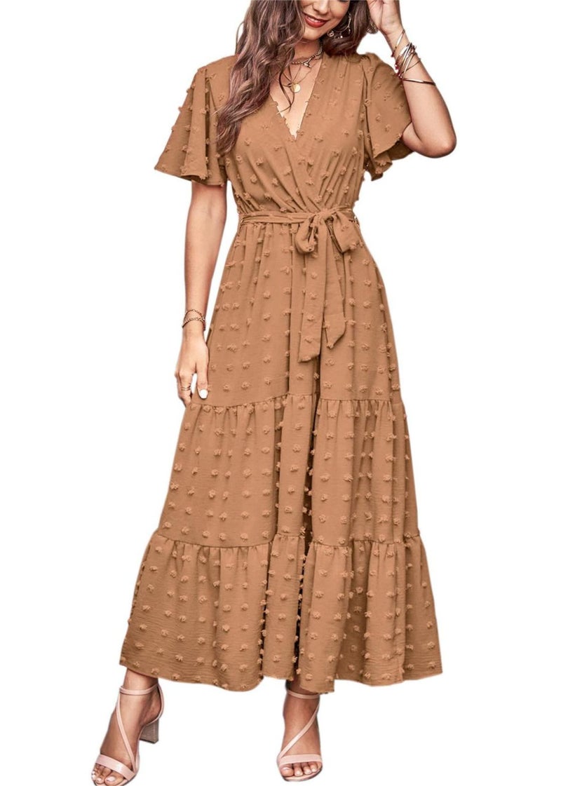 MASCOMODA Womens Boho Swiss Dot Maxi Dresses Wrap V Neck Flutter Short Sleeve Solid Tie Belt A Line Tiered Flowy Long Dress(Light Brown,X-Large) - Image 1