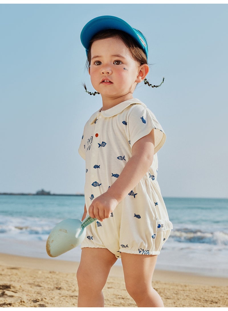 ميني بالا رومبير كاجوال بأكمام قصيرة للجنسين، مطبوع عليه سمكة لطيفة، نسيج ناعم للغاية يسمح بمرور الهواء، ياقة بيتر بان، خصر مرن، إغلاق سهل، مثالي للشاطئ والأنشطة اليومية - Image 2