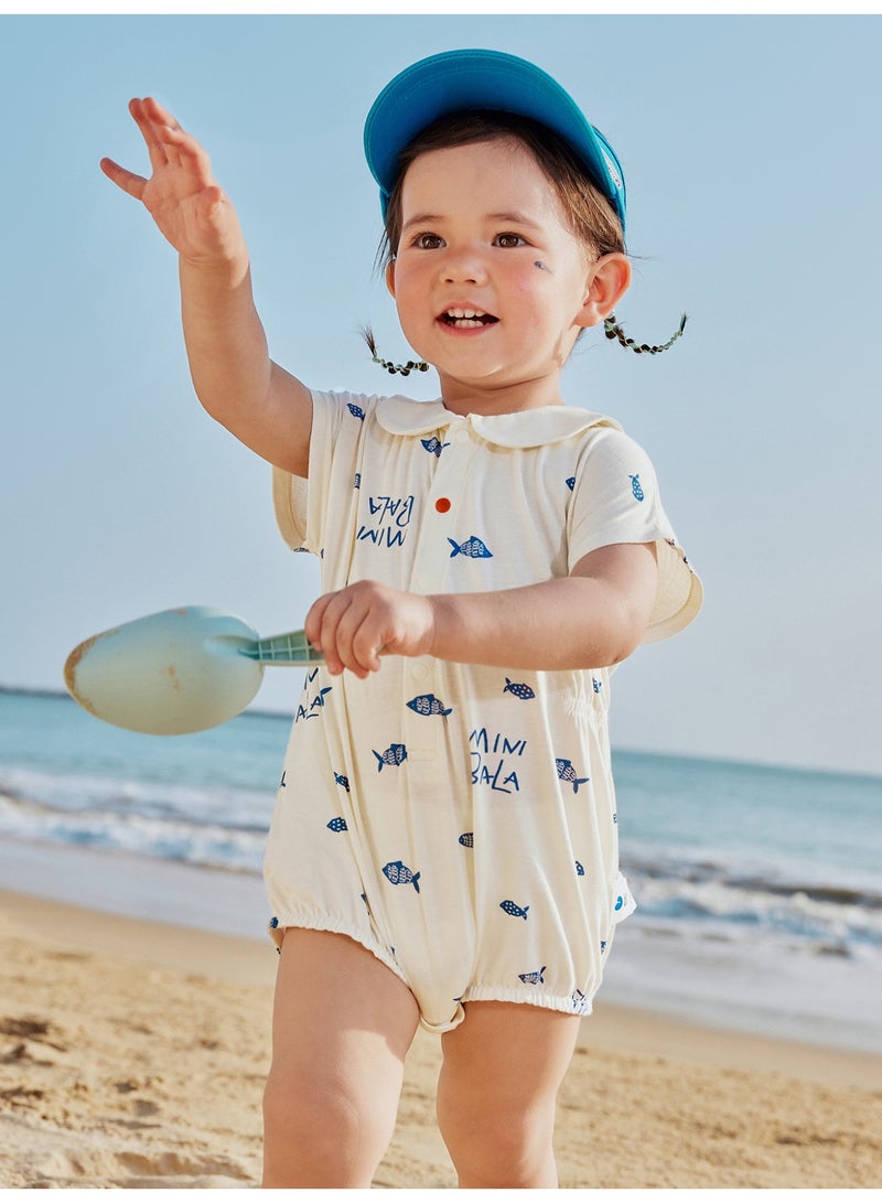 ميني بالا رومبير كاجوال بأكمام قصيرة للجنسين، مطبوع عليه سمكة لطيفة، نسيج ناعم للغاية يسمح بمرور الهواء، ياقة بيتر بان، خصر مرن، إغلاق سهل، مثالي للشاطئ والأنشطة اليومية - Image 1