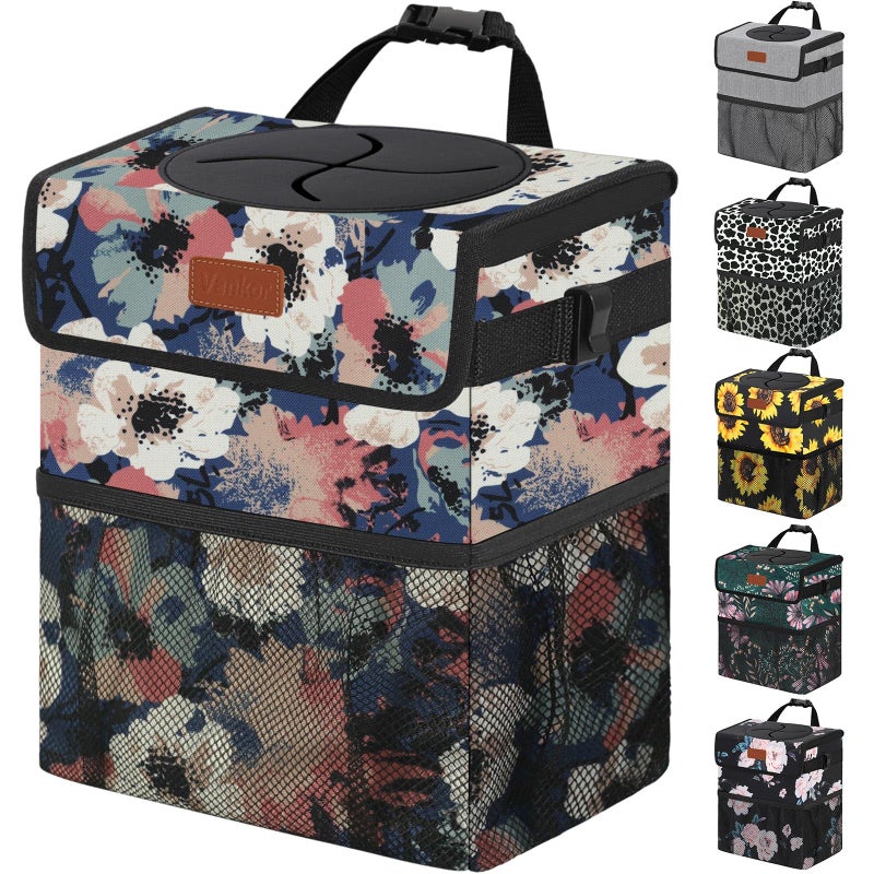 Vankor Car Trash Can for Car Cute, Trash Bag Bin Hanging Waterproof Automotive Garbage Cans Leak Proof Vehicle Trash Can Painting Floral
