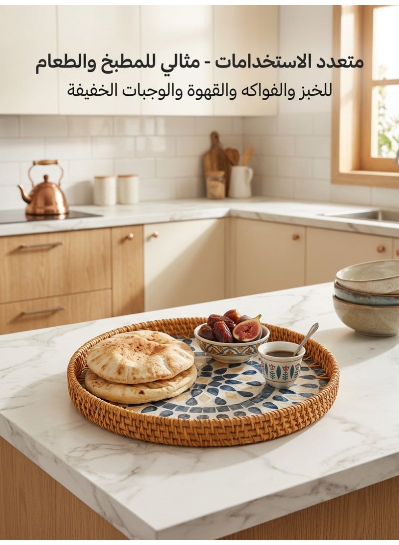 uoobox 2 Pcs Boho Rattan Round Serving Tray Set, 30cm & 35cm Decorative Mosaic Tray, Woven Coffee Table Tray For Tea, Dates, Fruits, Desserts, Home Decor And Majlis - Image 4