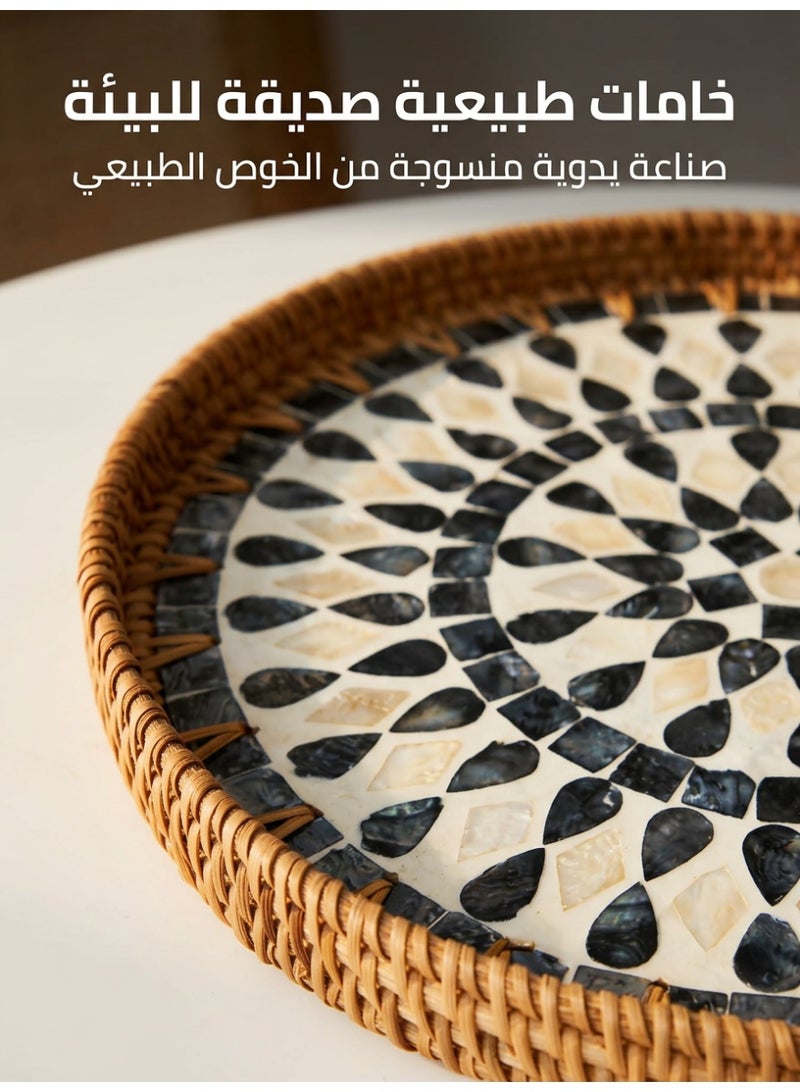 uoobox 2 Pcs Boho Rattan Round Serving Tray Set, 30cm & 35cm Decorative Mosaic Tray, Woven Coffee Table Tray For Tea, Dates, Fruits, Desserts, Home Decor And Majlis - Image 2