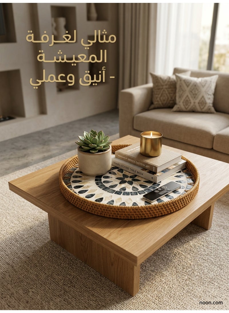 uoobox 2 Pcs Boho Rattan Round Serving Tray Set, 30cm & 35cm Decorative Mosaic Tray, Woven Coffee Table Tray For Tea, Dates, Fruits, Desserts, Home Decor And Majlis - Image 5