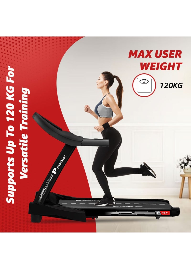 PowerMax Fitness PowerMax Fitness TD-A1 6HP Motorised Foldable Treadmill for Home User Wt. 120kg, 15 Lvl Auto-Incline Running Machine for Max Pro workout, Top Speed 14 km/ph, Speaker, Aux, LCD Disp., Bluetooth  - Image 3