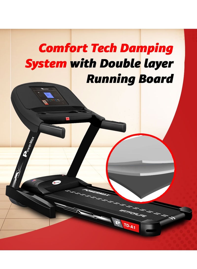 PowerMax Fitness TD-A1 6HP Motorised Foldable Treadmill for Home User Wt. 120kg, 15 Lvl Auto-Incline Running Machine for Max Pro workout, Top Speed 14 km/ph, Speaker, Aux, LCD Disp., Bluetooth