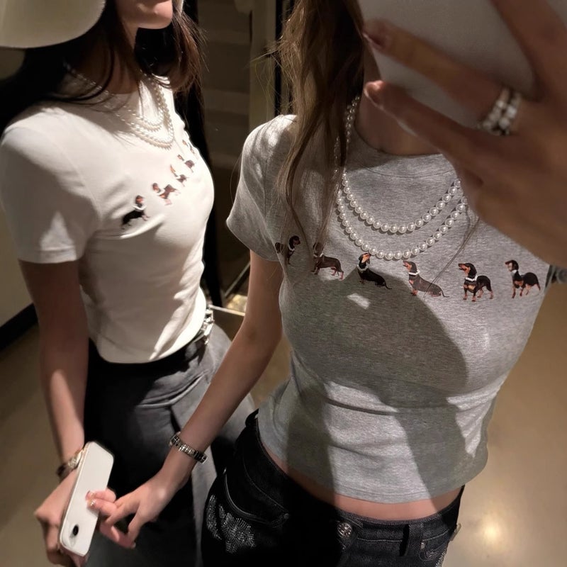 2025 Summer Celebrity Style Dachshund Print Korean Version Slim Fit Versatile Short-Sleeve T-Shirt Women'S Fashion Export - Image 3