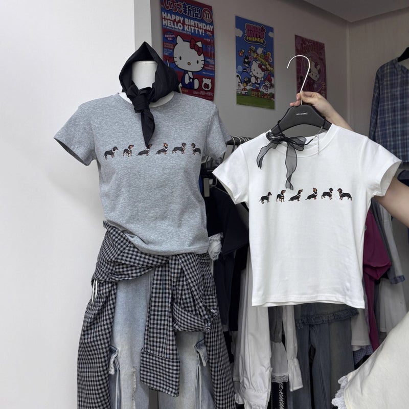 2025 Summer Celebrity Style Dachshund Print Korean Version Slim Fit Versatile Short-Sleeve T-Shirt Women'S Fashion Export - Image 2