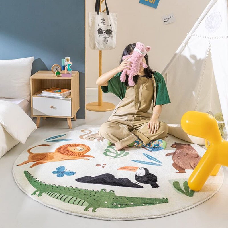 WREWING Round Rug 3.3ft, Cute Animals Large Non Slip Super Soft Plush Area Rug for Kids Room Playroom Nursery Bedroom, Educational Washable Circular Floor Mat for Home Room Decorative (Zoo) - Image 2
