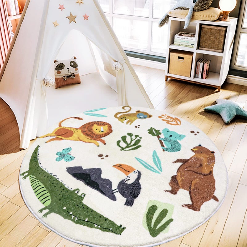WREWING Round Rug 3.3ft, Cute Animals Large Non Slip Super Soft Plush Area Rug for Kids Room Playroom Nursery Bedroom, Educational Washable Circular Floor Mat for Home Room Decorative (Zoo) - Image 1