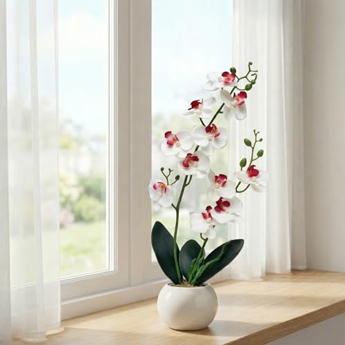 Decor & More - Artificial Orchid Flowers for Decoration with White Ceramic Pot | 43 cm Artificial Flowers with Pot | Phalaenopsis Flower for Vase | Realistic Flower for Home, Bedroom, Office - Image 1