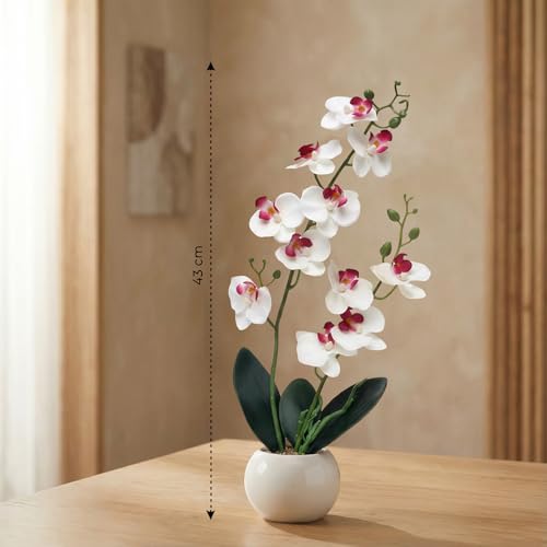 Decor & More - Artificial Orchid Flowers for Decoration with White Ceramic Pot | 43 cm Artificial Flowers with Pot | Phalaenopsis Flower for Vase | Realistic Flower for Home, Bedroom, Office - Image 2