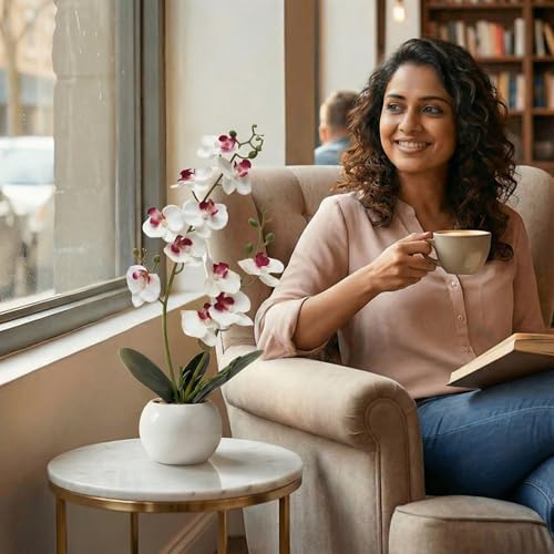 Decor & More - Artificial Orchid Flowers for Decoration with White Ceramic Pot | 43 cm Artificial Flowers with Pot | Phalaenopsis Flower for Vase | Realistic Flower for Home, Bedroom, Office - Image 4