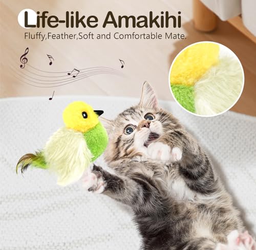 Migipaws Cat Toys,Interactive Lifelike Amakihi Flying Flapping Bird with Catnip, Feathers Hanging by Elastic String, Automatic Chirping Kitten Toys for Indoor Cats Self Play, Rechargeable(Green) - Image 3
