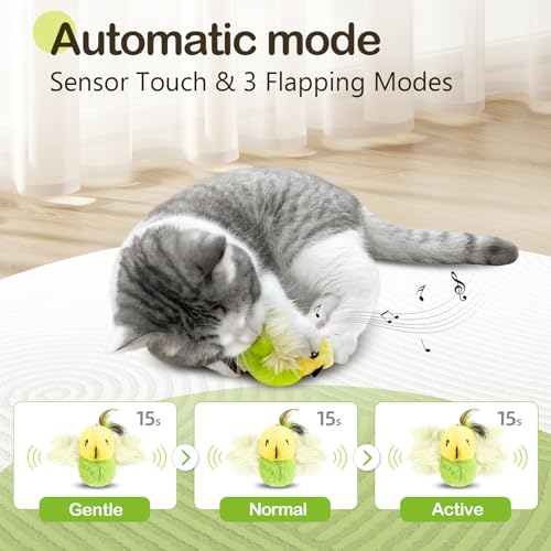 Migipaws Cat Toys,Interactive Lifelike Amakihi Flying Flapping Bird with Catnip, Feathers Hanging by Elastic String, Automatic Chirping Kitten Toys for Indoor Cats Self Play, Rechargeable(Green) - Image 5