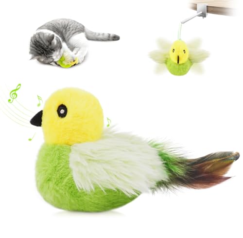 Migipaws Cat Toys,Interactive Lifelike Amakihi Flying Flapping Bird with Catnip, Feathers Hanging by Elastic String, Automatic Chirping Kitten Toys for Indoor Cats Self Play, Rechargeable(Green) - Image 1