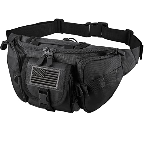 FRTKK Tactical Fanny Pack Military Waist Bag Pack with USA Flag Patch Utility Hip Pack with Adjustable Strap for Outdoors Fishing Cycling Camping Hiking Dog Walking (Black) - Image 1