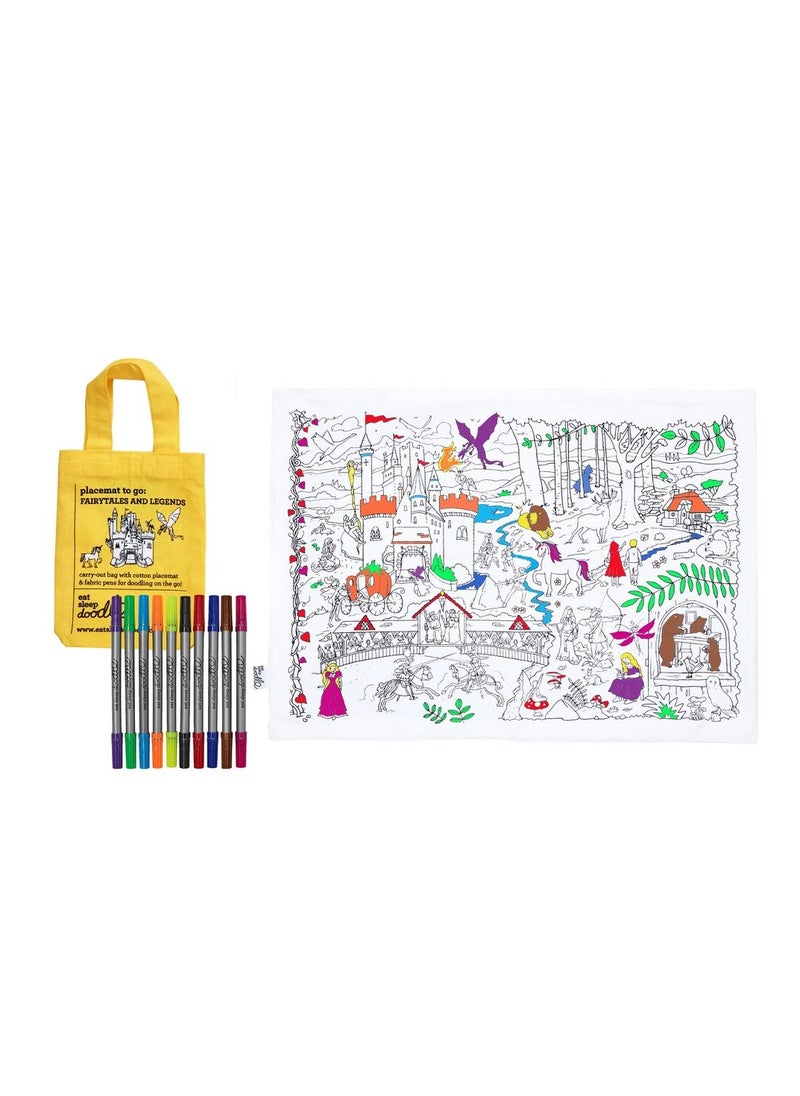 eatsleepdoodle Fairytale & Legends Coloring Placemat – Washable & Reusable Fabric, with 10 Markers, Portable Fun for Kids  - Image 1