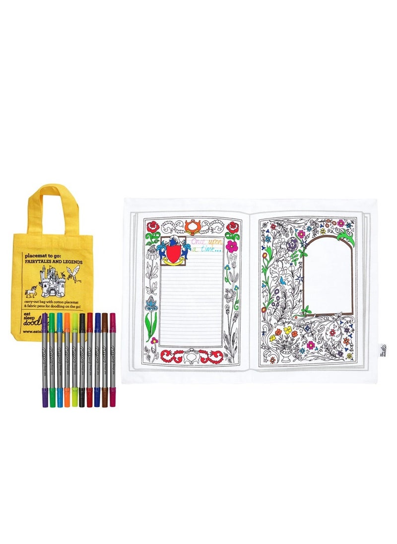 eatsleepdoodle Fairytale & Legends Coloring Placemat – Washable & Reusable Fabric, with 10 Markers, Portable Fun for Kids  - Image 2
