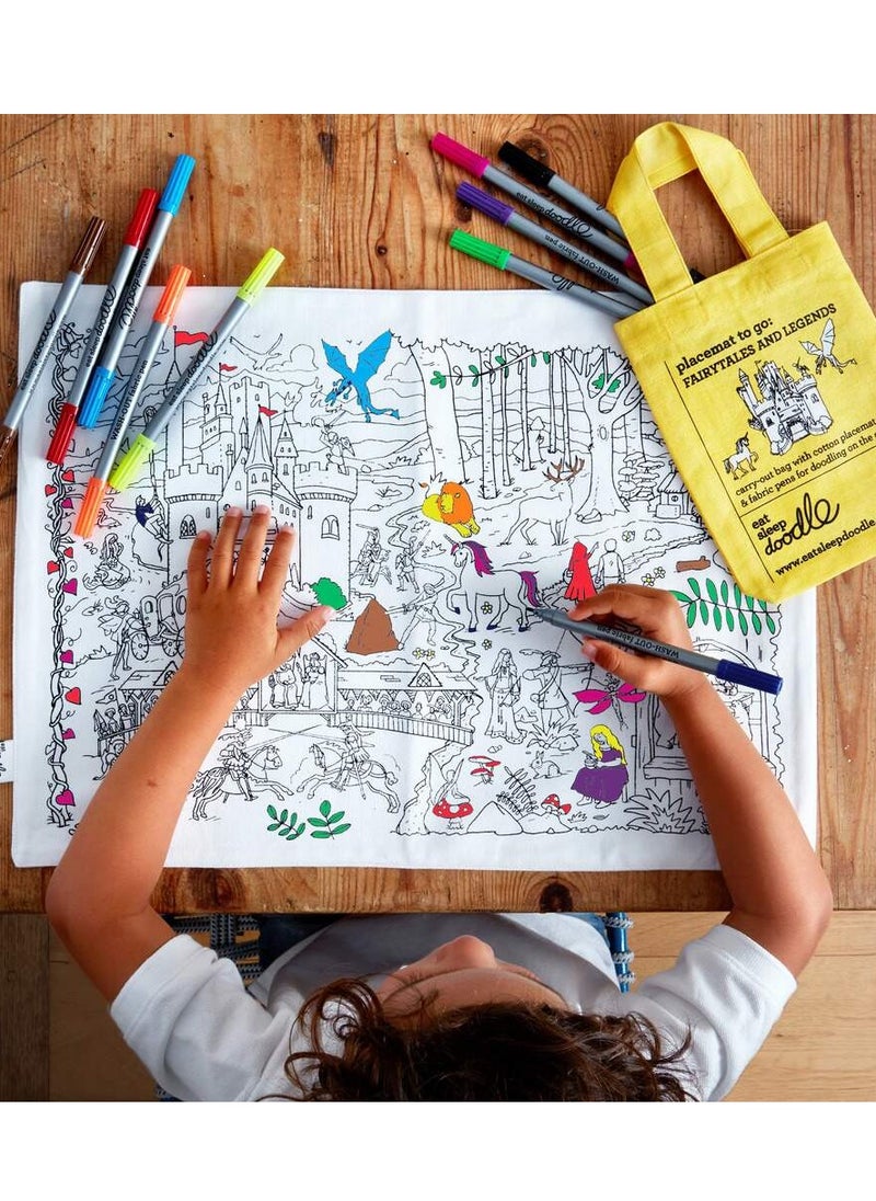 eatsleepdoodle Fairytale & Legends Coloring Placemat – Washable & Reusable Fabric, with 10 Markers, Portable Fun for Kids  - Image 5