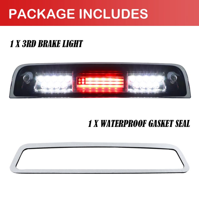 Gubebaili Third 3rd Brake Light Replacement for Dodge Ram 1500 2009-2017, Fit for Dodge Ram 2500 3500 2010-2017, Waterproof Rear Lamp American Flag (Chrome Housing Clear Lens) - Image 3