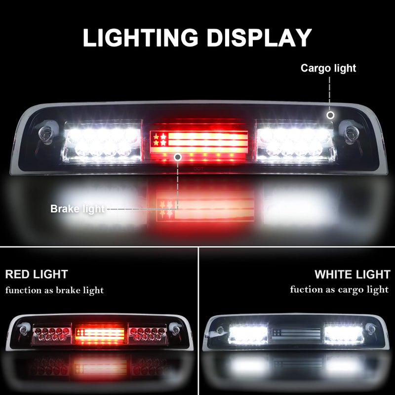 Gubebaili Third 3rd Brake Light Replacement for Dodge Ram 1500 2009-2017, Fit for Dodge Ram 2500 3500 2010-2017, Waterproof Rear Lamp American Flag (Chrome Housing Clear Lens) - Image 2