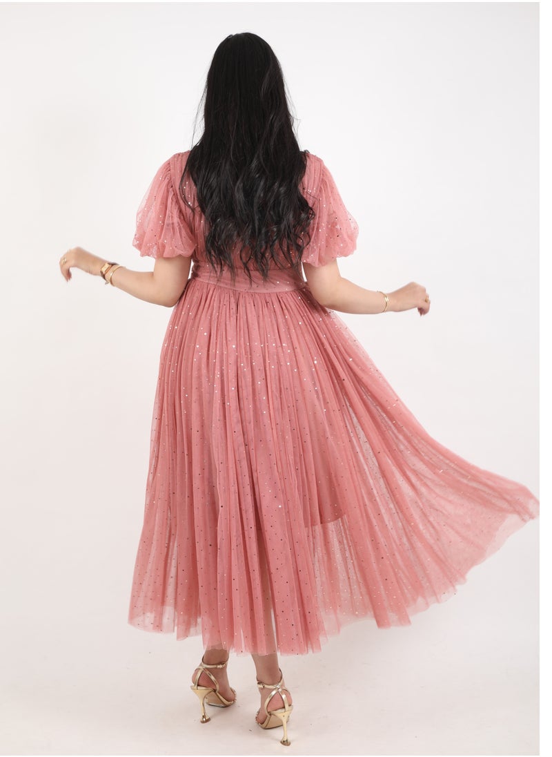 FULL JOY Women's dress with elegant design and  text sleeves, pink  - Image 5