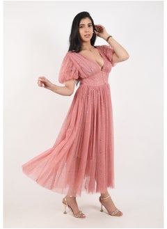 FULL JOY Women's dress with elegant design and  text sleeves, pink  - Image 3