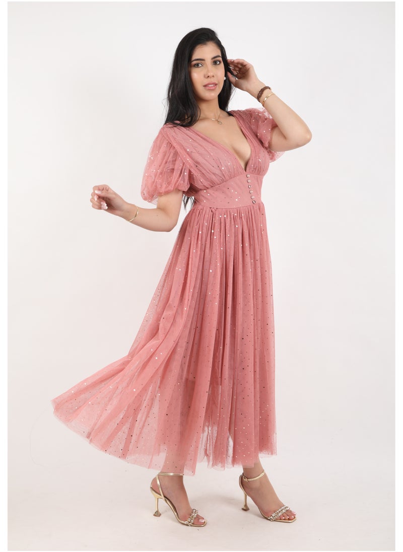 FULL JOY Women's dress with elegant design and  text sleeves, pink  - Image 3