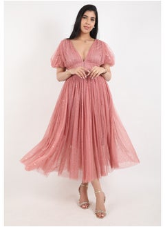 FULL JOY Women's dress with elegant design and  text sleeves, pink  - Image 2