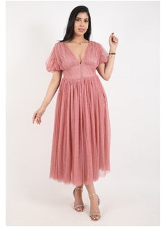 FULL JOY Women's dress with elegant design and  text sleeves, pink  - Image 4