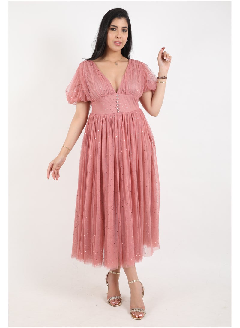 FULL JOY Women's dress with elegant design and  text sleeves, pink  - Image 4