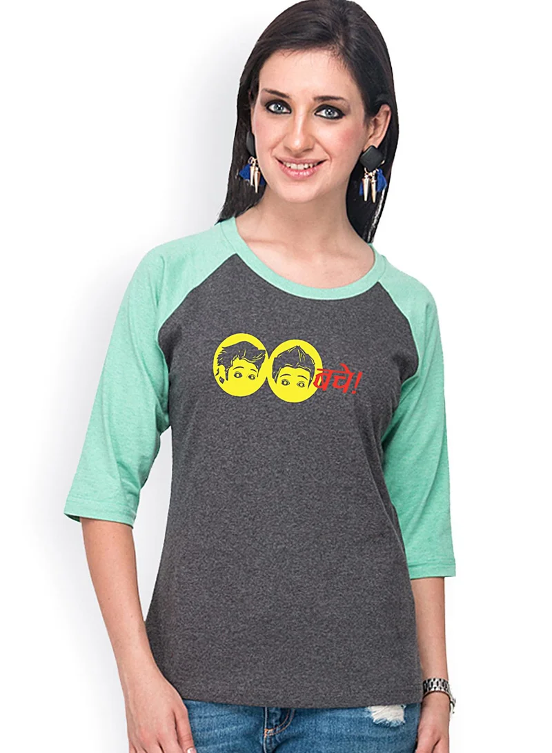 Campus Sutra Women's Charcoal Grey & Mint Green Baccha-Imprint Raglan Top