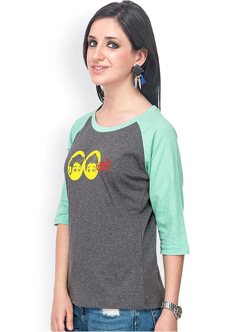 Campus Sutra Women's Charcoal Grey & Mint Green Baccha-Imprint Raglan Top