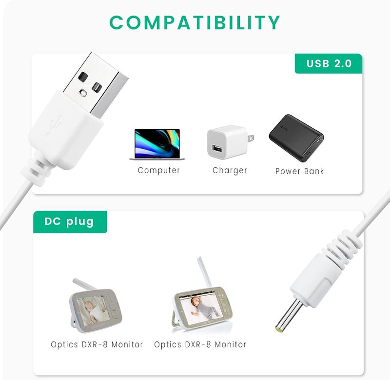 Smays Charger Cable Replacement for Infant Optics DXR8  DXR8 PRO Monitor Unit RoundPin Power Cord 2Pack - Image 2