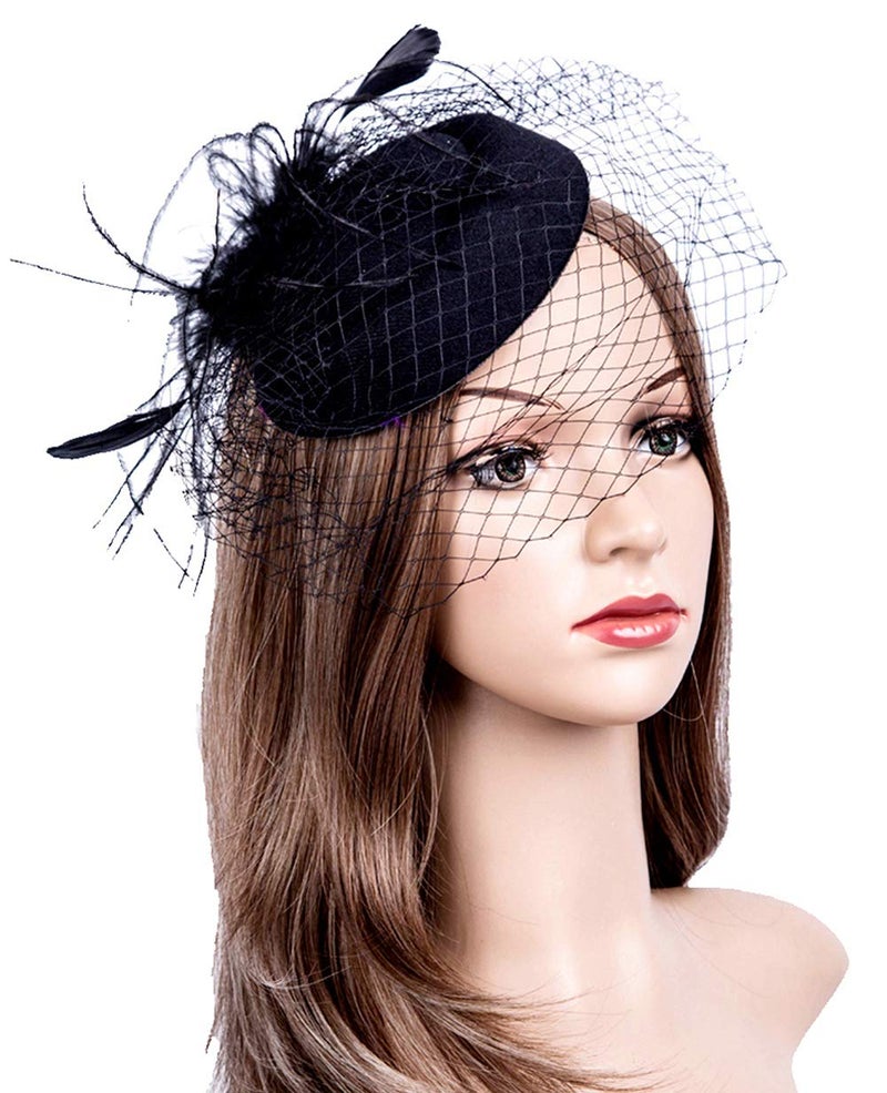 Cizoe Fascinators Hats 20s 50s Hat Pillbox Hat Cocktail Tea Party Headwear with Veil for Girls and Women(1-B1-black) - Image 2