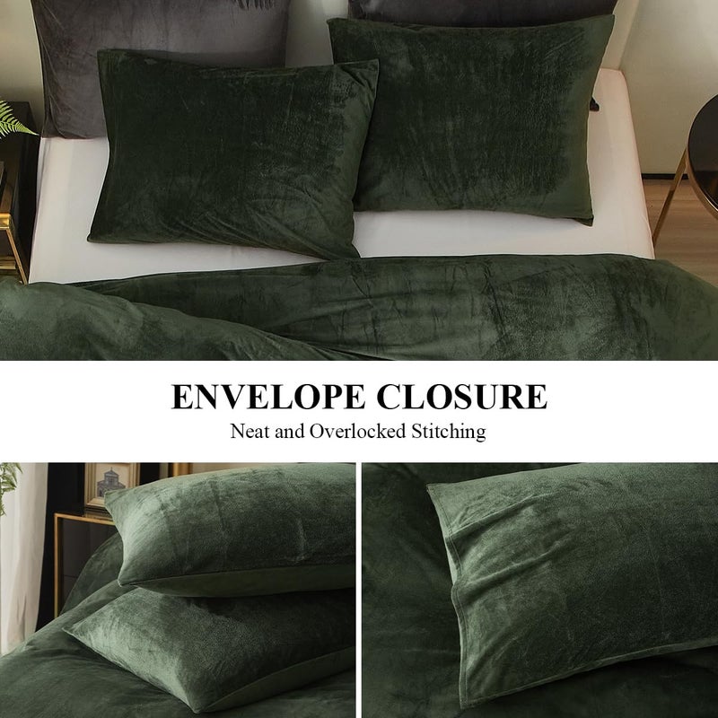 Ivellow Velvet Duvet Cover King Set Dark Green Comforter Cover 3Pcs Ultra Soft Cover Breathable Solid Luxury Flannel Velour Duvet Cover Zipper Closure Corner Tie - Image 4