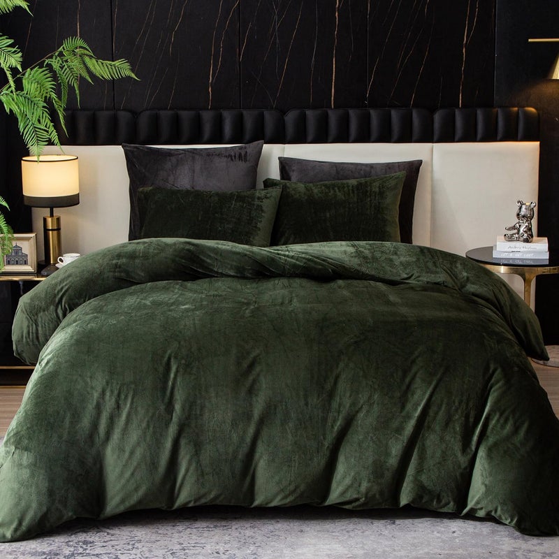 Ivellow Velvet Duvet Cover King Set Dark Green Comforter Cover 3Pcs Ultra Soft Cover Breathable Solid Luxury Flannel Velour Duvet Cover Zipper Closure Corner Tie - Image 1
