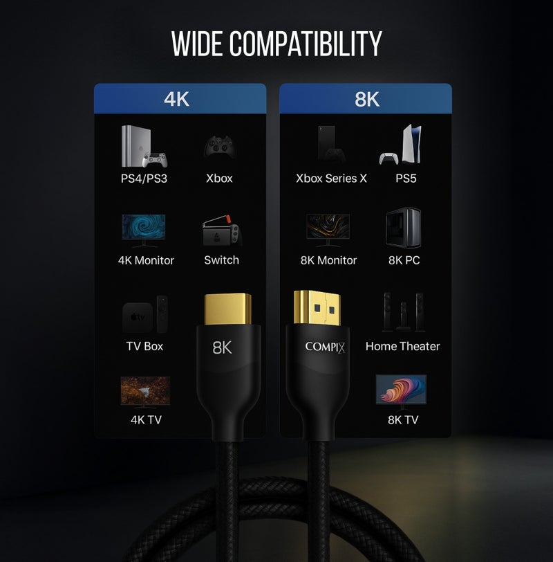 كومبيكس كابل كومبيكس HDMI 2.1 بطول 10 أمتار، سلك HDMI عالي السرعة 48 جيجابت في الثانية، يدعم دقة 8K بمعدل 60 هرتز، ودقة 4K بمعدل 120/144 هرتز، سلك مضفر يدعم eARC/Dolby/HDR 10+/HDCP 2.2 و2.3، متوافق مع PS5/PS4، Xbox، MacBook Pro، أجهزة العرض، مشغلات Blu-ray، وأجهزة التلفزيون - Image 5