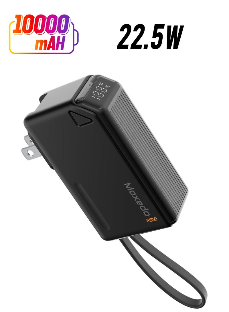 Moxedo Moxedo Porta-Go 5,000 mAh 22.5W Power Bank with Built-in Foldable Interchangeable AC Plug, USB-C Cable and Included 2 Travel Adapters (Black) 