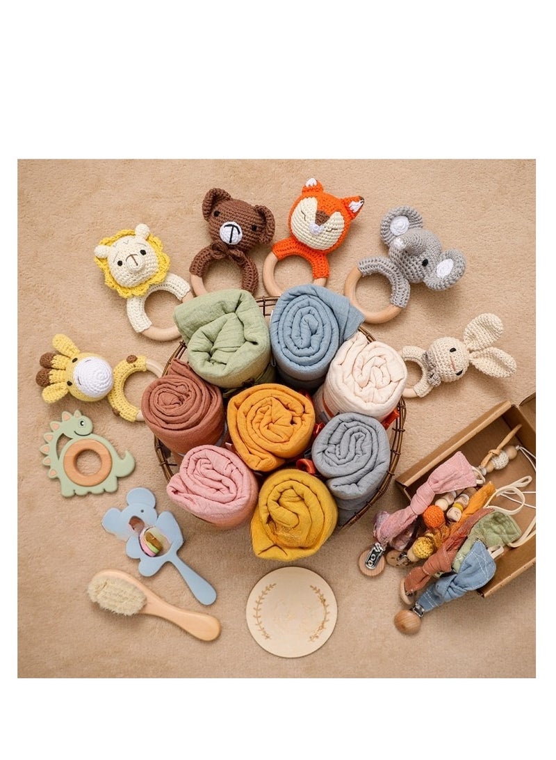 Baby Cloth Nipple Chain Set - Newborn Birth Gift Box - Bath Set - Chew Animal Bell Toy - Image 4