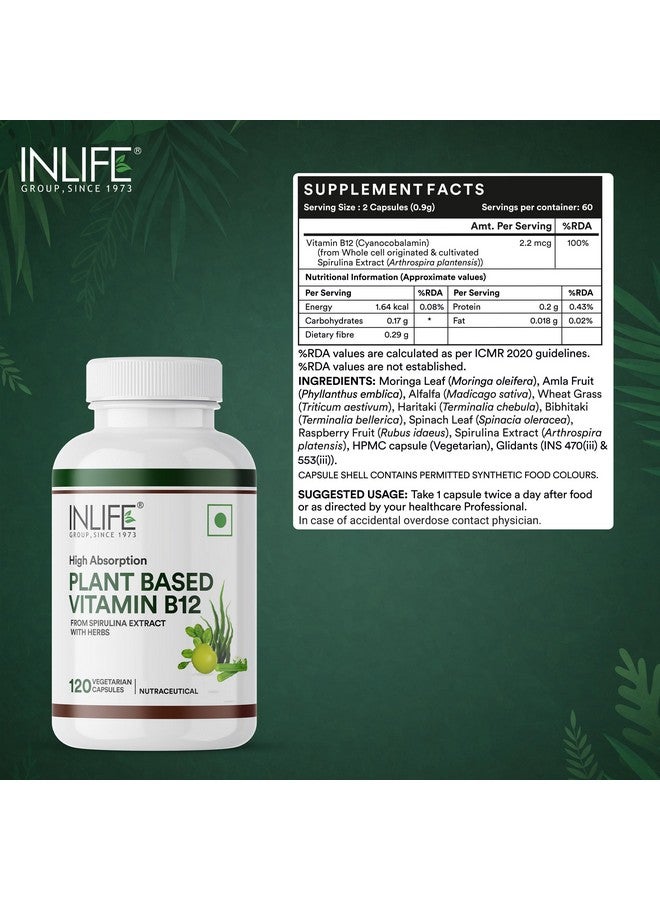 Inlife مكملات فيتامين ب12 النباتية من INLIFE للرجال والنساء | تدعم صحة الأعصاب وصحة الدماغ | صيغة سوبر فود | ب12 من مستخلص سبيرولينا - 120 كبسولة نباتية (عبوة من 1، 120) - Image 2