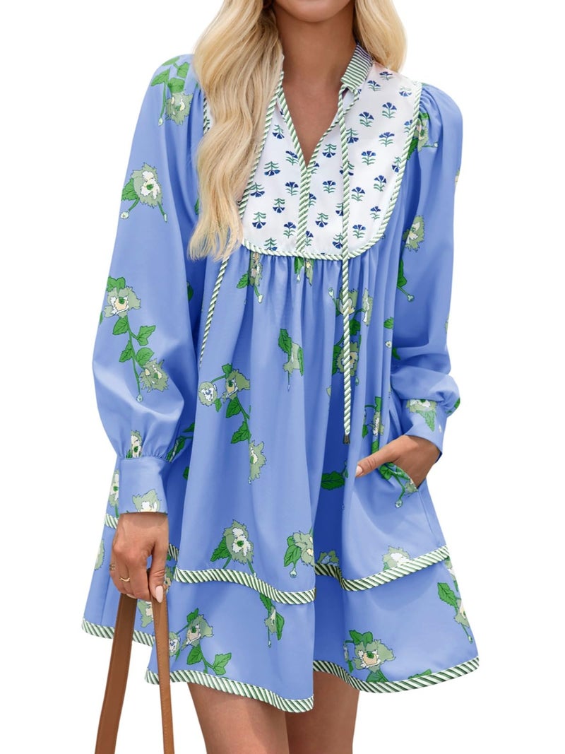 Wenrine Womens Casual Floral Mini Dress 2025 Fall Long Sleeve V Neck Patchwork Loose Boho Shirt Dresses Violet - Image 1