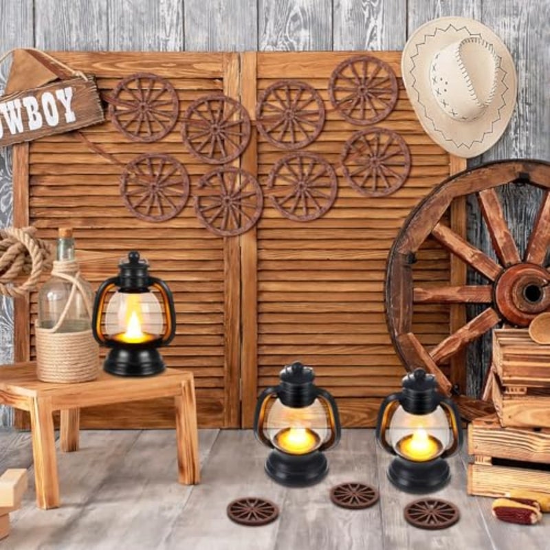 Yuntau 24 Pcs Western Cowboy Decorations for Party Table Western Mini Lanterns and Small Wagon Wheels Table Centerpieces Horse Rodeo Birthday Decorations for Vaquero Theme Favors - Image 3