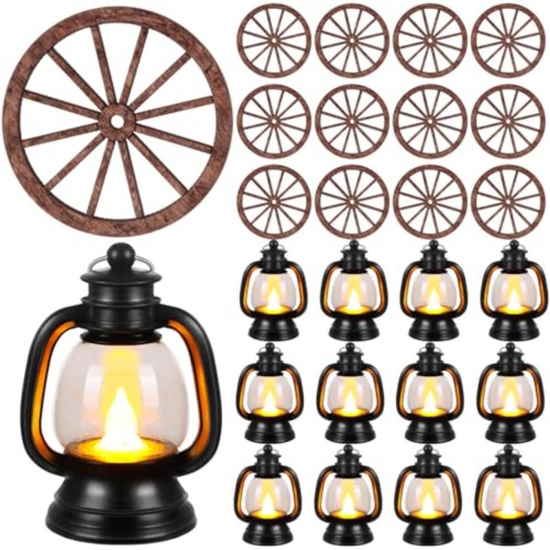 Yuntau 24 Pcs Western Cowboy Decorations for Party Table Western Mini Lanterns and Small Wagon Wheels Table Centerpieces Horse Rodeo Birthday Decorations for Vaquero Theme Favors - Image 1