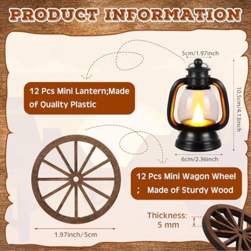 Yuntau 24 Pcs Western Cowboy Decorations for Party Table Western Mini Lanterns and Small Wagon Wheels Table Centerpieces Horse Rodeo Birthday Decorations for Vaquero Theme Favors - Image 2
