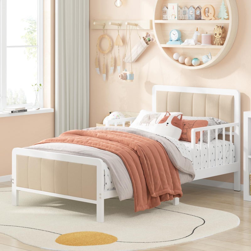 Timy Toddler Bed with Upholstered Bedside Crib Metal Bed Frame with Safety Guardrails for Boys Girls Toddlers White