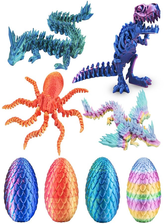 Buufan 4PCS 3D Printed Dragon Octopuses with Egg Easter Basket Stuffers Easter Egg 3D Printed Animals Toy Set - Image 1