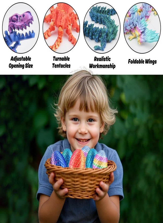 Buufan 4PCS 3D Printed Dragon Octopuses with Egg Easter Basket Stuffers Easter Egg 3D Printed Animals Toy Set - Image 2
