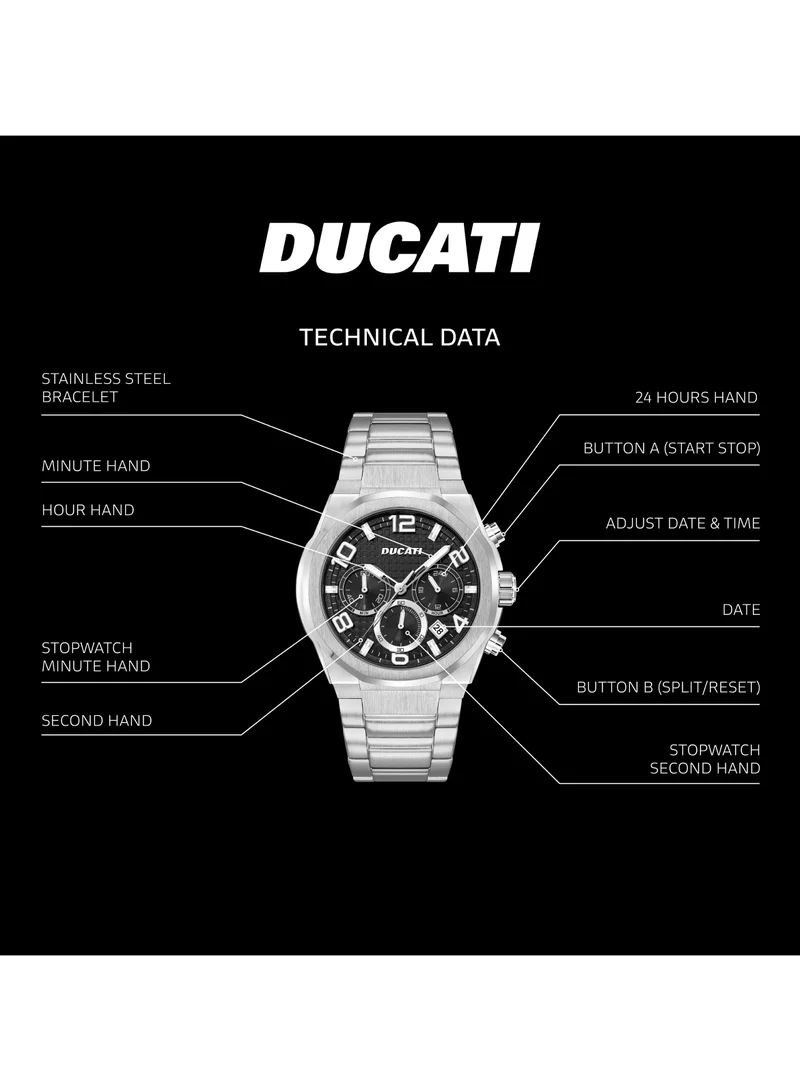 دوكاتي Ducati DT006 Gents Chronograph Watch - 43.5MM Multi-Layered Black Dial, Stainless Steel Bracelet, Water Resistant up to 50M, Bold Racing Accents for the Modern Maverick