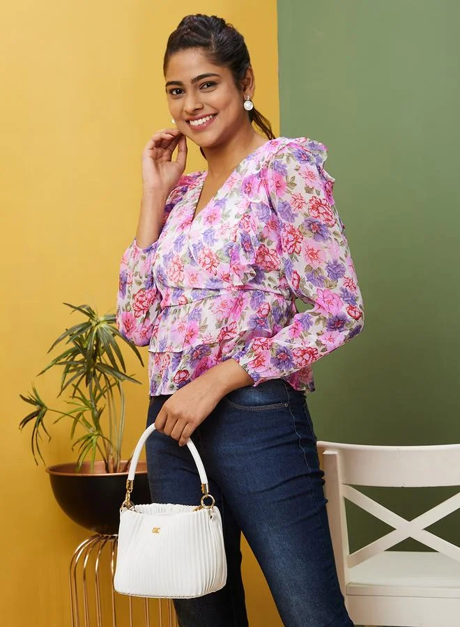 globus Globus Floral Printed V-Neck Puff Sleeve Ruffled Top
